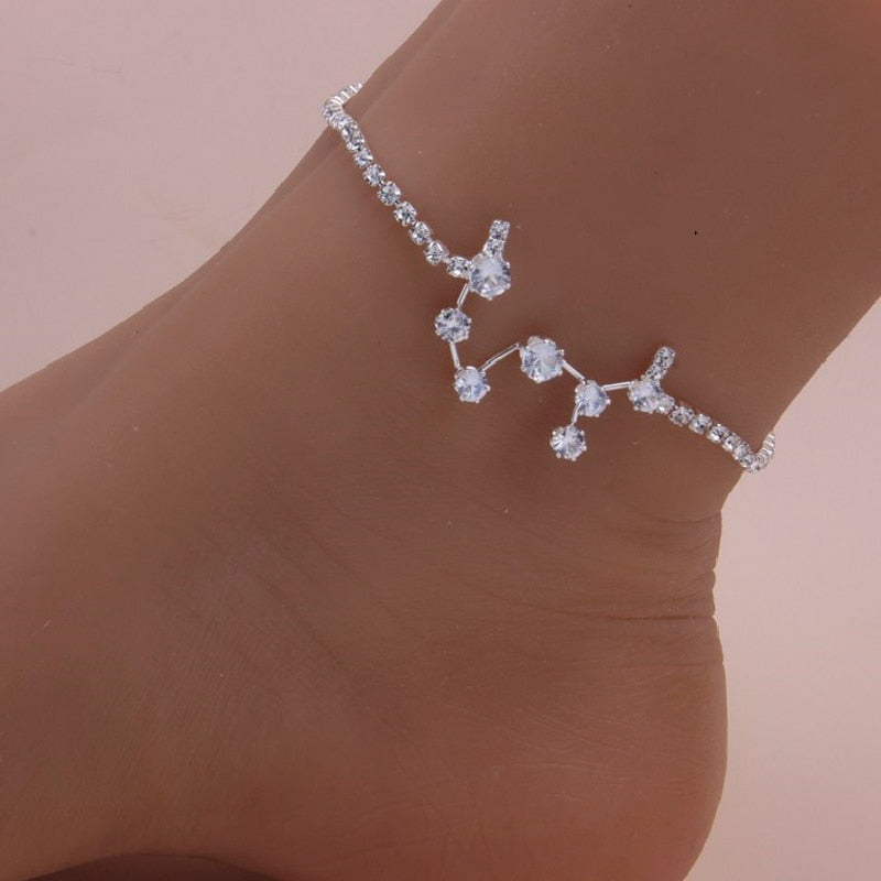 Silver Color Chain Crystal Zodiac Sign Anklet