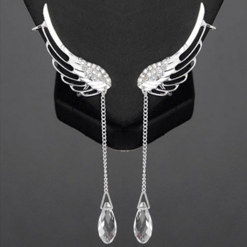 Angel Wings Tassels Crystal Clip Earrings