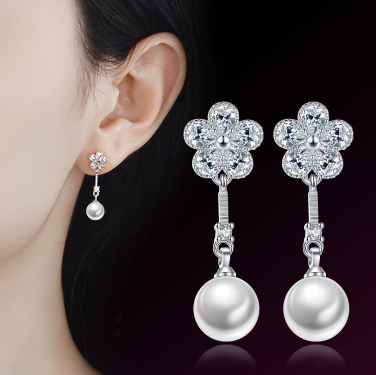 Zircon Flower Pearl Stud Earring