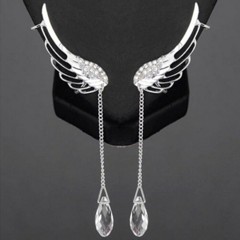 Silver Color Jewelry Angel Wings Tassels Crystal Clip Earrings