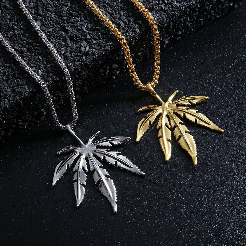 Metal Hemp Leaf Pendant Necklace